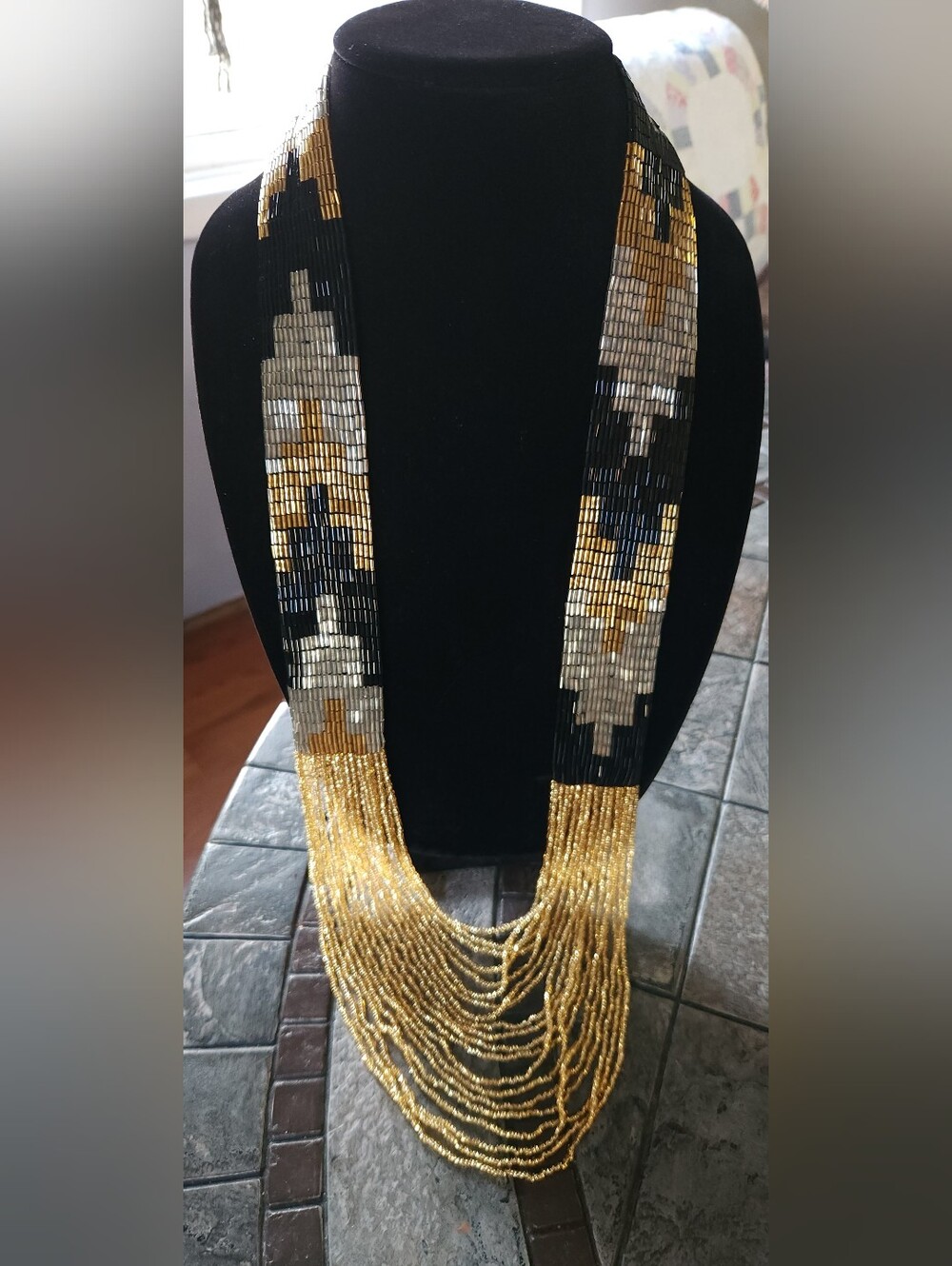Black Gold Silver Geometric Bugle Bead Waterfall Statement Necklace